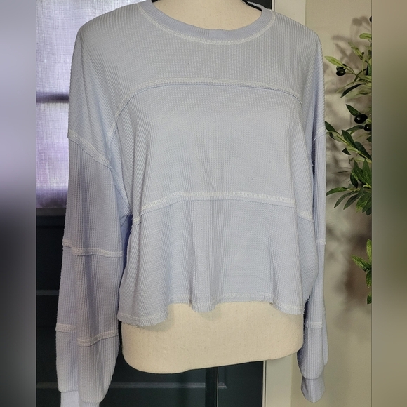 Hollister Baby Blue Cropped Waffle Knit Long sleeve Top Small - Picture 1 of 6